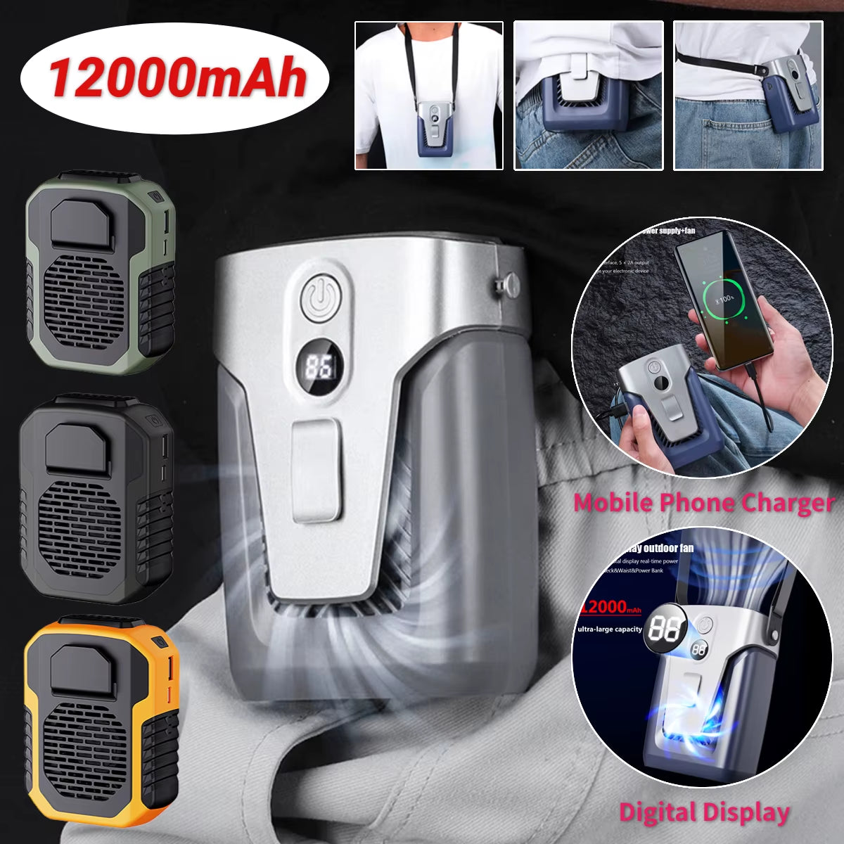 12000Mah Portable Waist Fan USB Rechargeable Air Conditioner 3-Gear Mute Hanging Neck Fans Outdoor Sports Mini Waist Clip on Fan