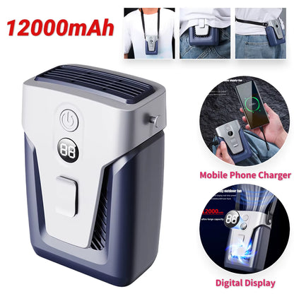 12000Mah Portable Waist Fan USB Rechargeable Air Conditioner 3-Gear Mute Hanging Neck Fans Outdoor Sports Mini Waist Clip on Fan