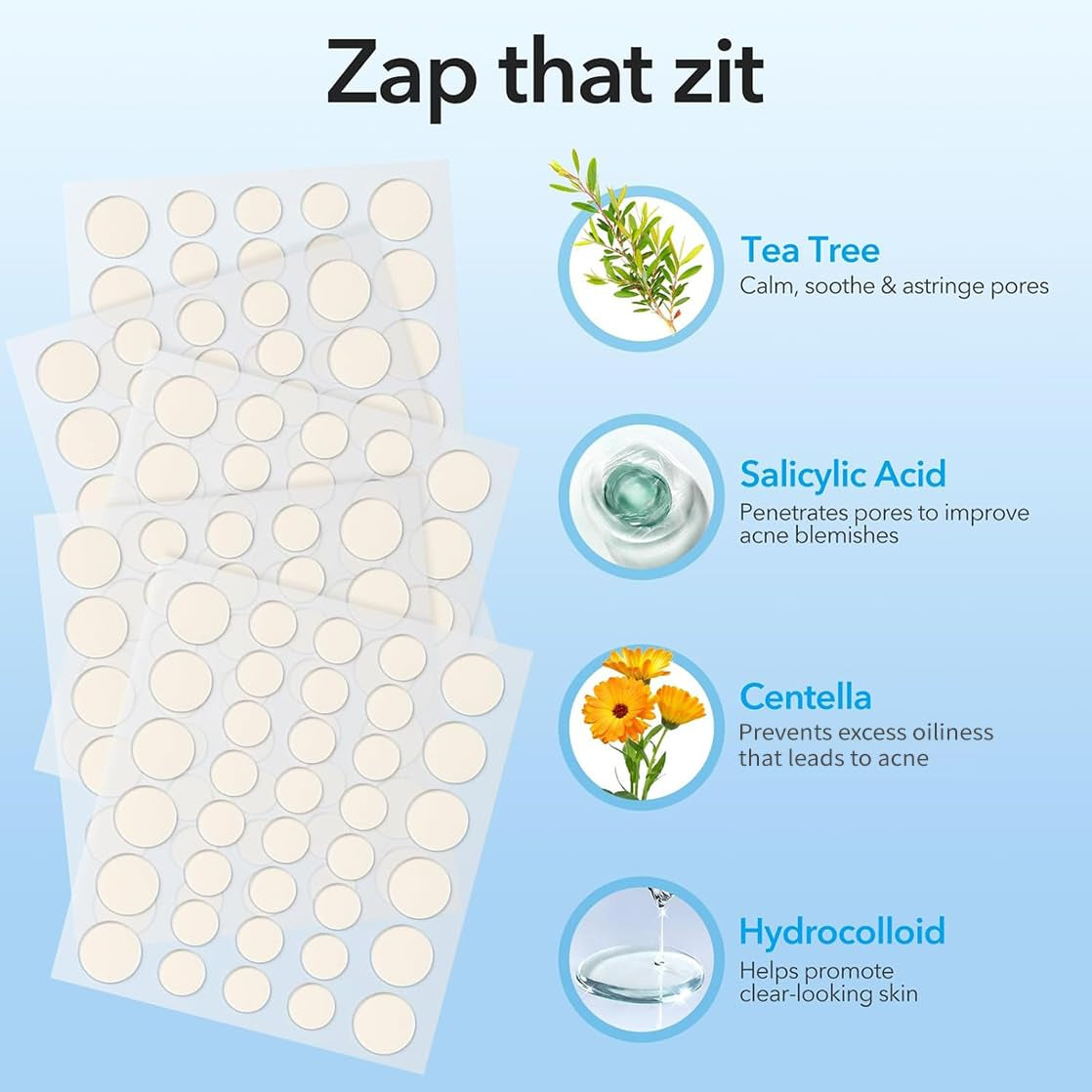 Pimple Patches for Face, Hydrocolloid Acne Patches, Cute round Shape Zit Covers, Spot Stickers with Tea Tree, Salicylic Acid & Cica Oil| 2 Sizes (9Mm, 12Mm) |288 Count