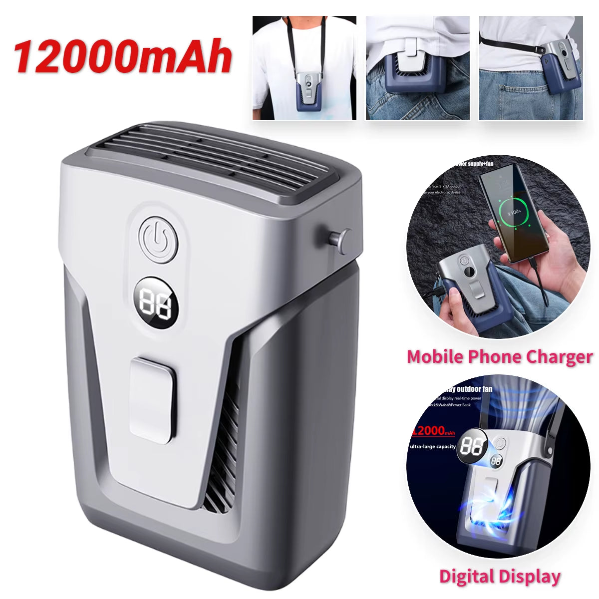12000Mah Portable Waist Fan USB Rechargeable Air Conditioner 3-Gear Mute Hanging Neck Fans Outdoor Sports Mini Waist Clip on Fan