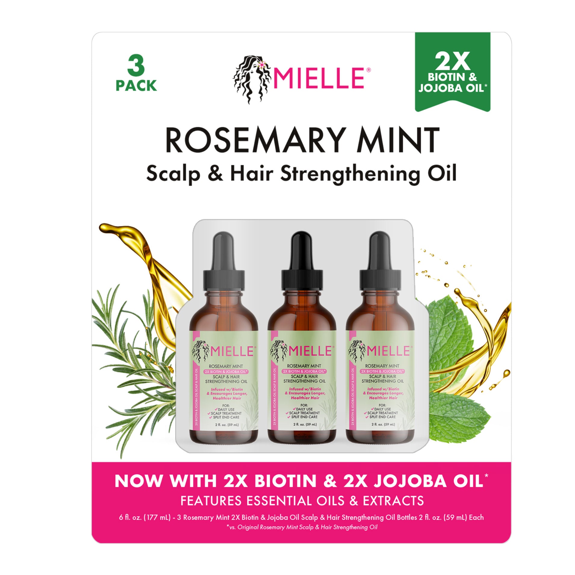 Rosemary Mint Scalp & Hair Strengthening Oil, 2 Fl Oz, 3-Pack